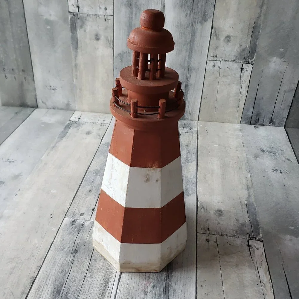 Wood Indoor Red and White Striped Birdhouse Lighthouse